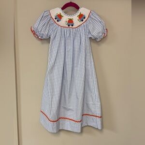 Babeeni: Girls Blue Checkered Smocked Pumpkin Bishop Dress, Size 5T